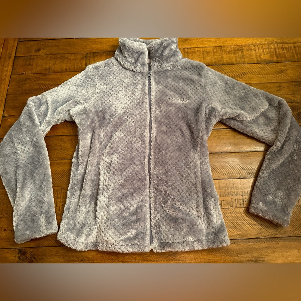 Columbia Textured Fleece Light Blue Gray Zip Front Jacket Size Small SUPER SOFT